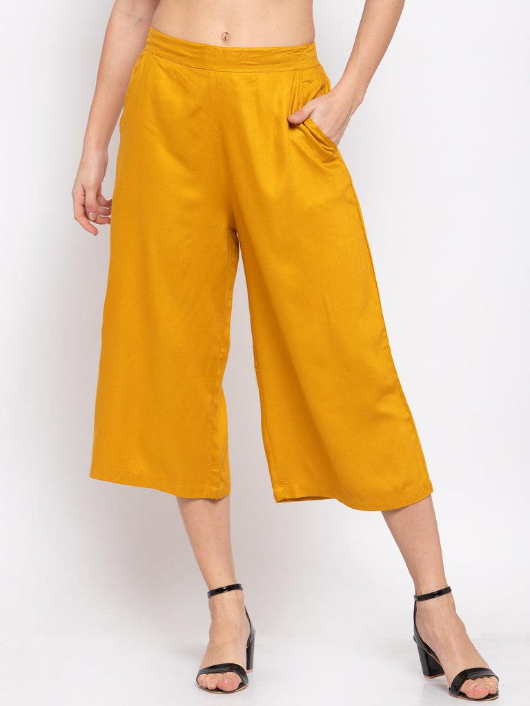 Women Mustard Loose Fit Solid Culottes-Trousers-StyleQuotient