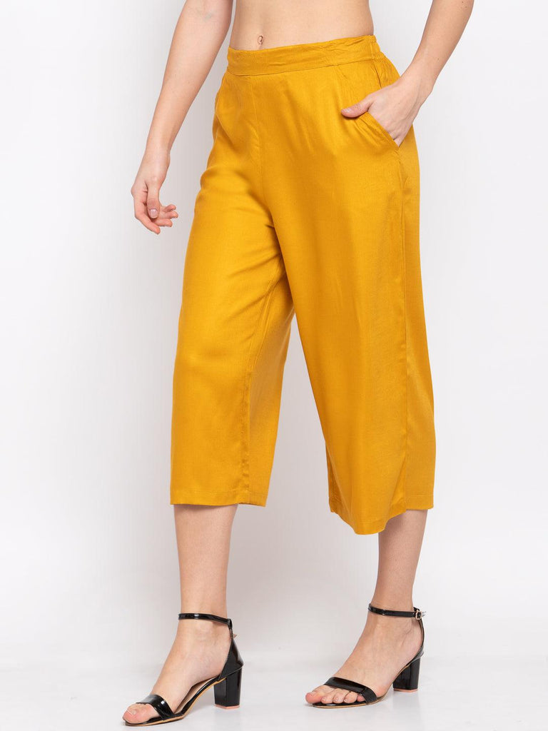 Women Mustard Loose Fit Solid Culottes-Trousers-StyleQuotient