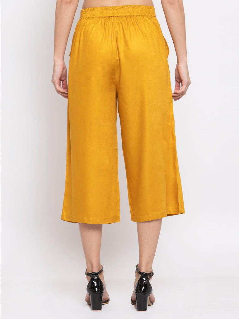 Women Mustard Loose Fit Solid Culottes-Trousers-StyleQuotient