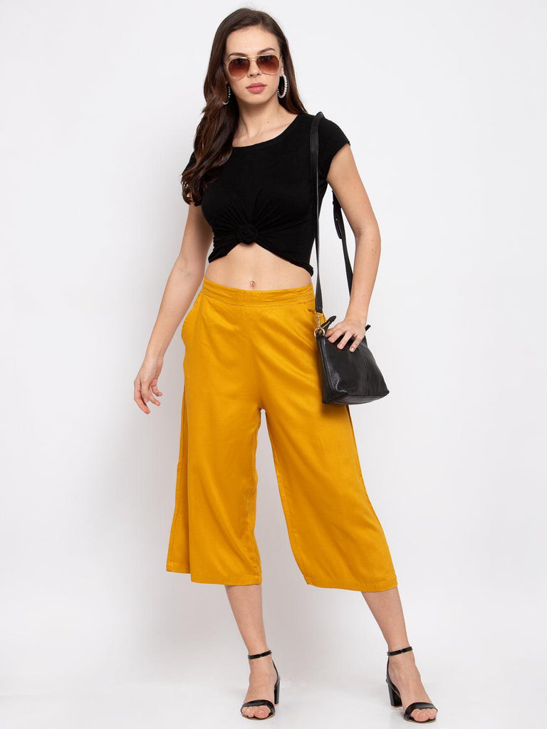 Women Mustard Loose Fit Solid Culottes-Trousers-StyleQuotient