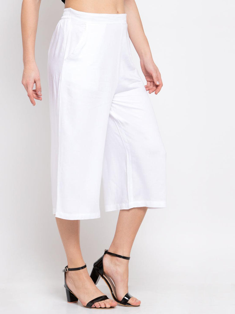 Women White Loose Fit Solid Culottes-Trousers-StyleQuotient