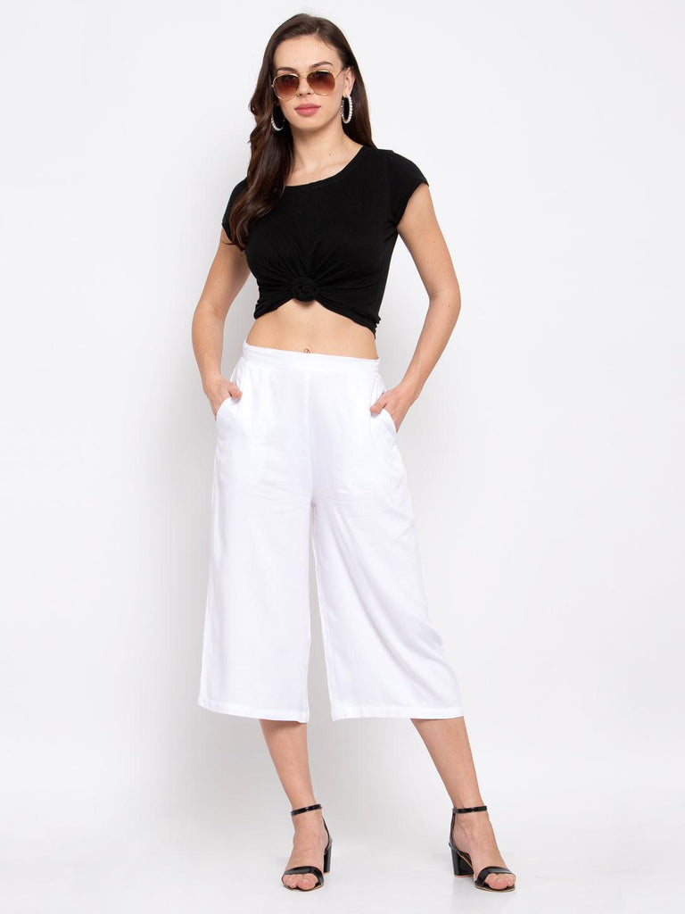 Women White Loose Fit Solid Culottes-Trousers-StyleQuotient