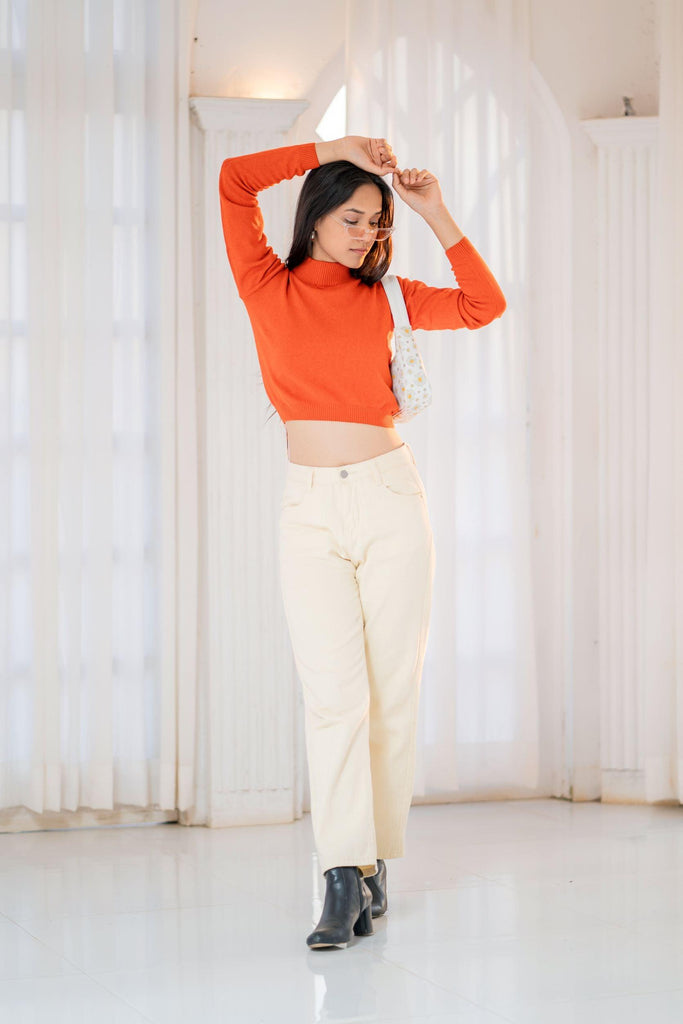 Women Orange Solid Cotton Pullover Sweater-Sweaters-StyleQuotient