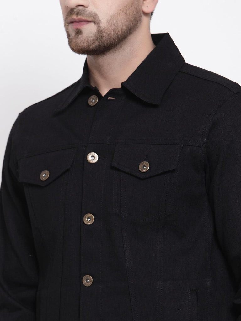 Mens Black Solid Denim Jacket-Men's Jackets-StyleQuotient