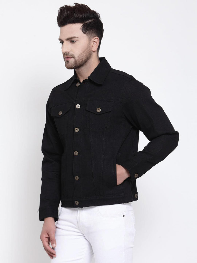 Mens Black Solid Denim Jacket-Men's Jackets-StyleQuotient