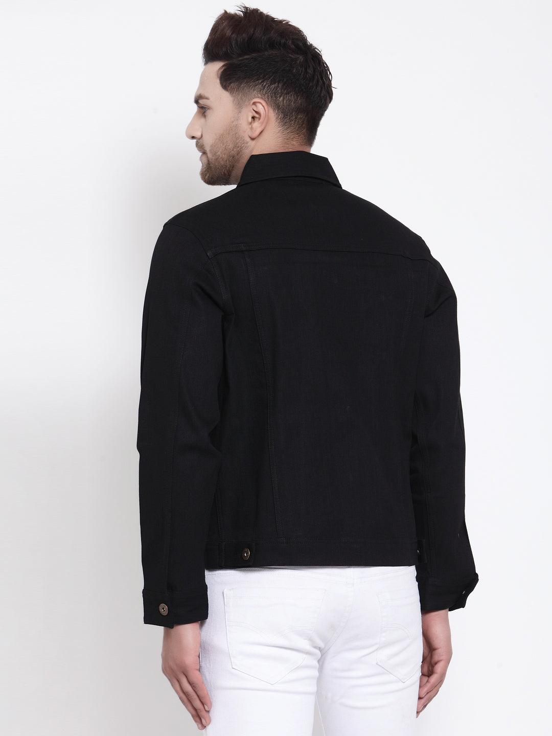 Mens Black Solid Denim Jacket-Men's Jackets-StyleQuotient