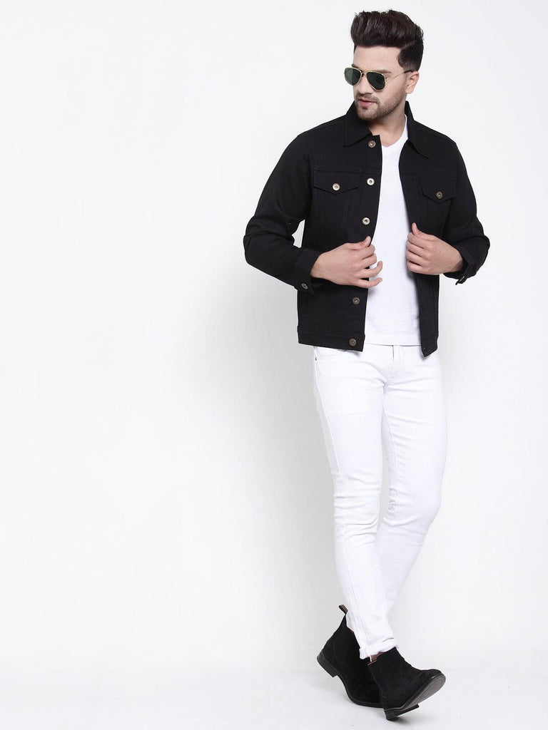 Mens Black Solid Denim Jacket-Men's Jackets-StyleQuotient