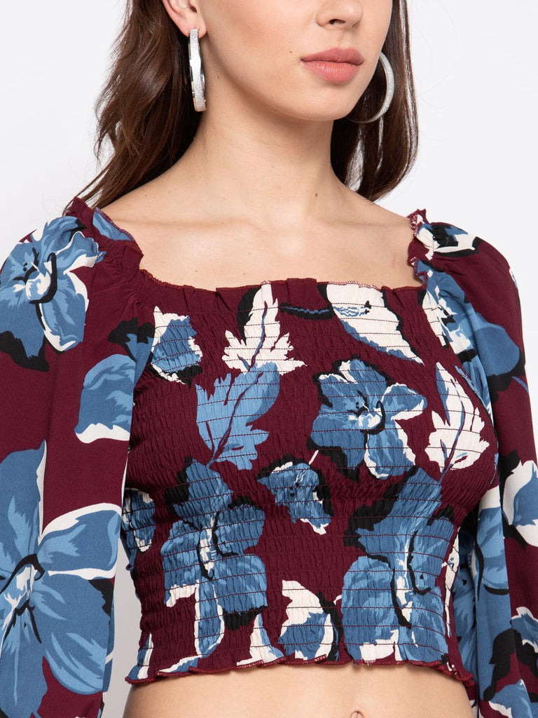 Women Maroon Printed Cropped Top-Tops-StyleQuotient