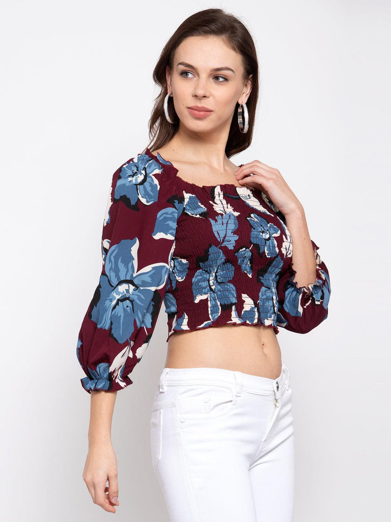 Women Maroon Printed Cropped Top-Tops-StyleQuotient