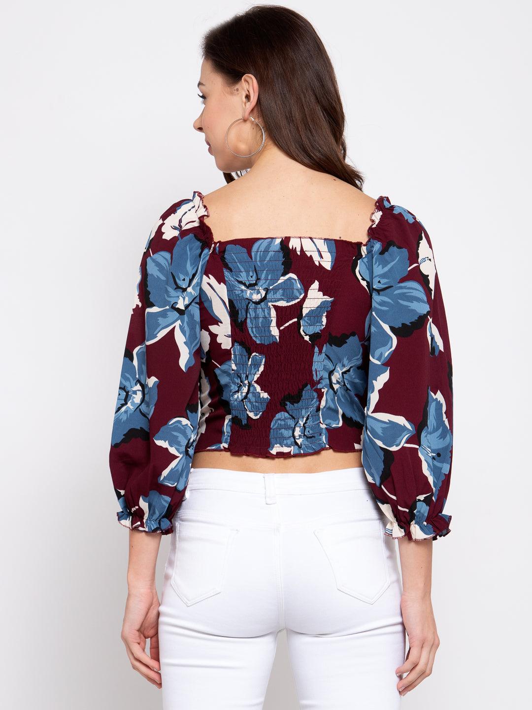 Women Maroon Printed Cropped Top-Tops-StyleQuotient