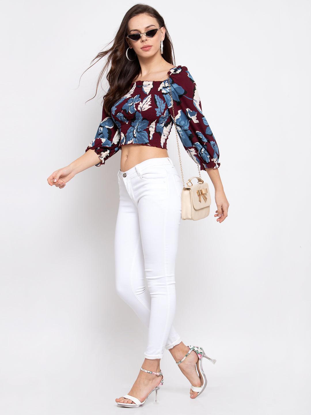 Women Maroon Printed Cropped Top-Tops-StyleQuotient