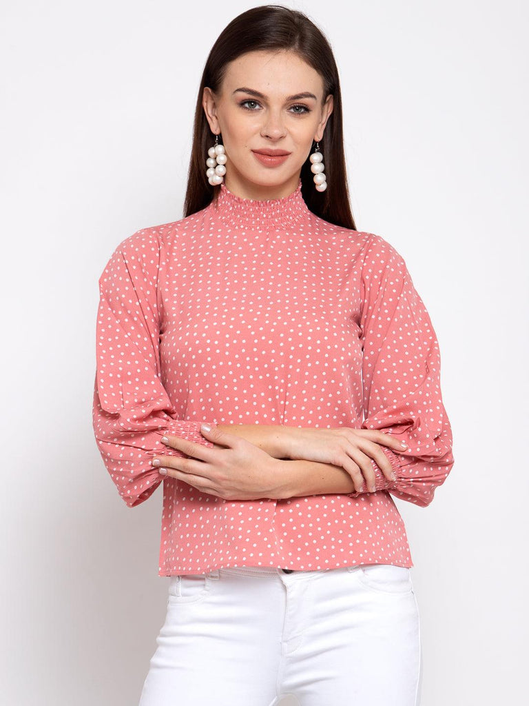 Pink & White Printed Puff Sleeves Crepe Top-Tops-StyleQuotient