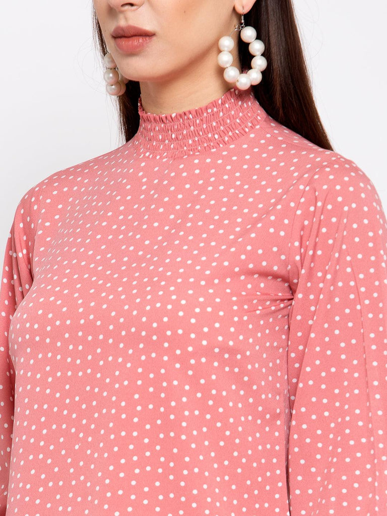 Pink & White Printed Puff Sleeves Crepe Top-Tops-StyleQuotient