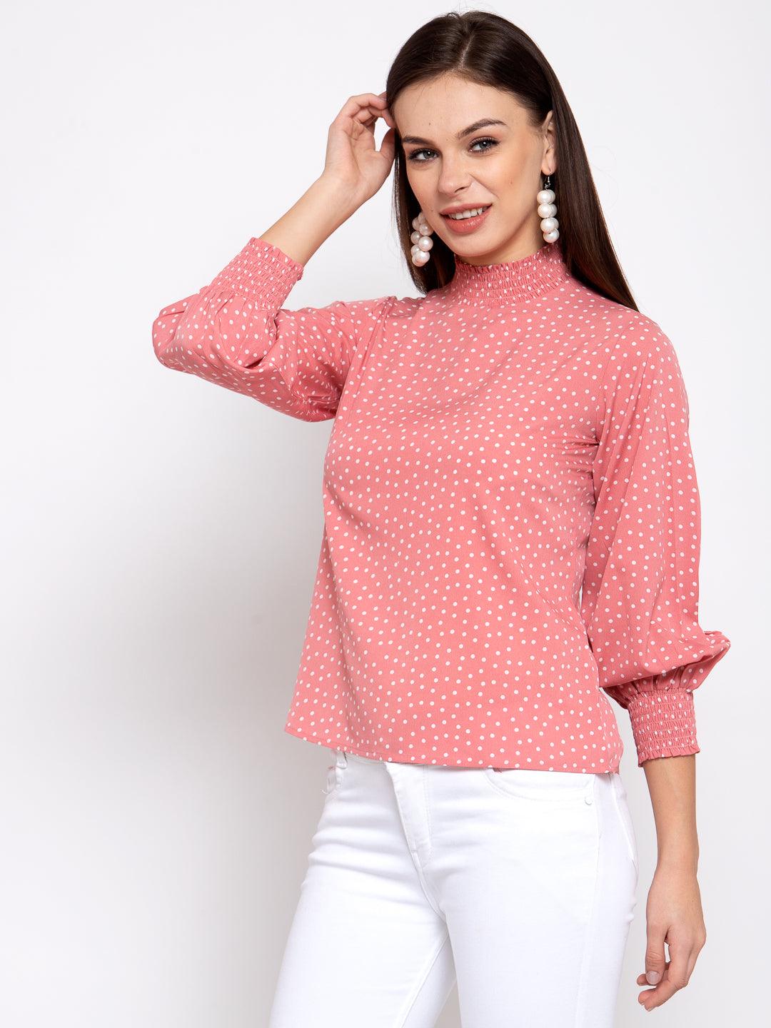 Pink & White Printed Puff Sleeves Crepe Top-Tops-StyleQuotient