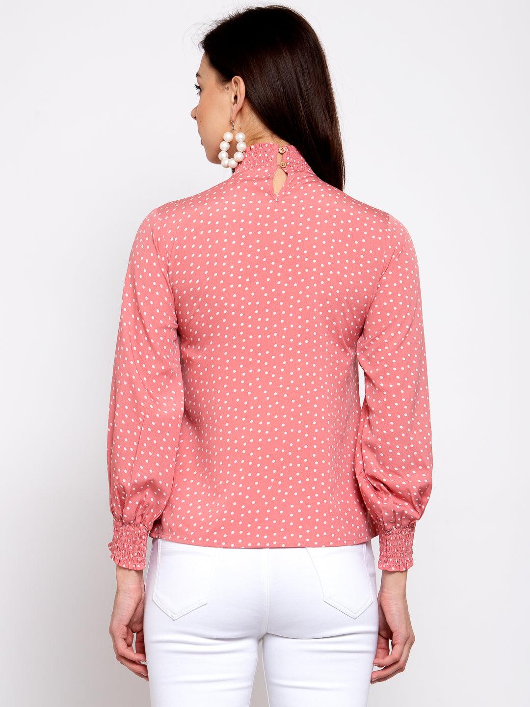 Pink & White Printed Puff Sleeves Crepe Top-Tops-StyleQuotient