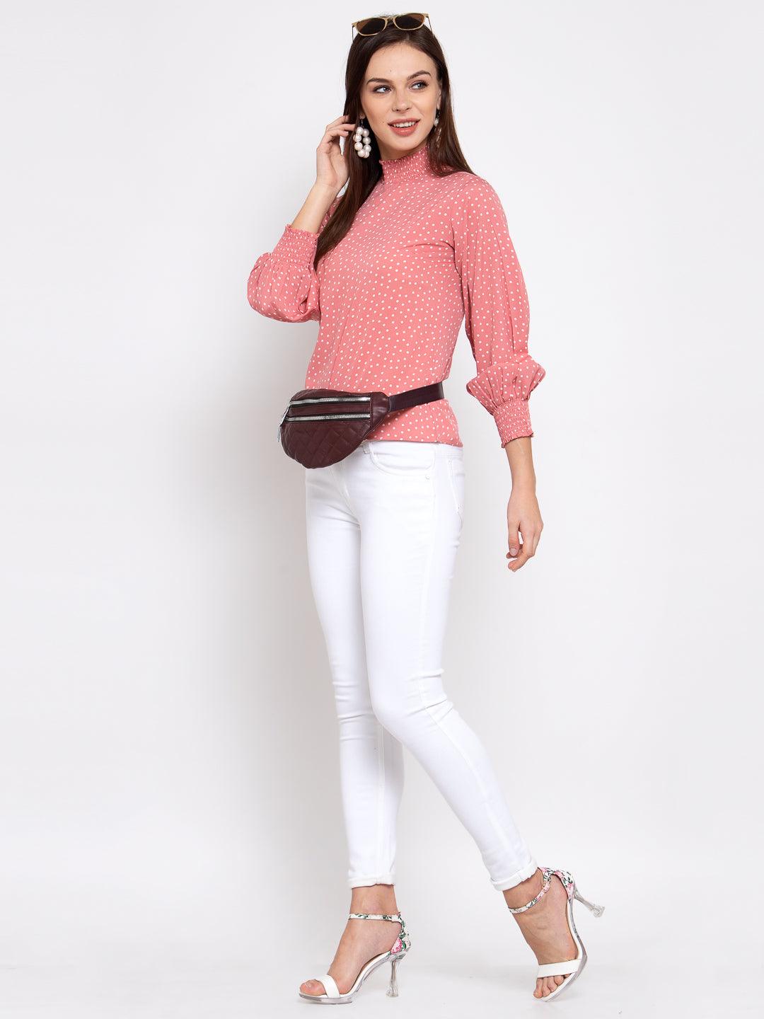 Pink & White Printed Puff Sleeves Crepe Top-Tops-StyleQuotient