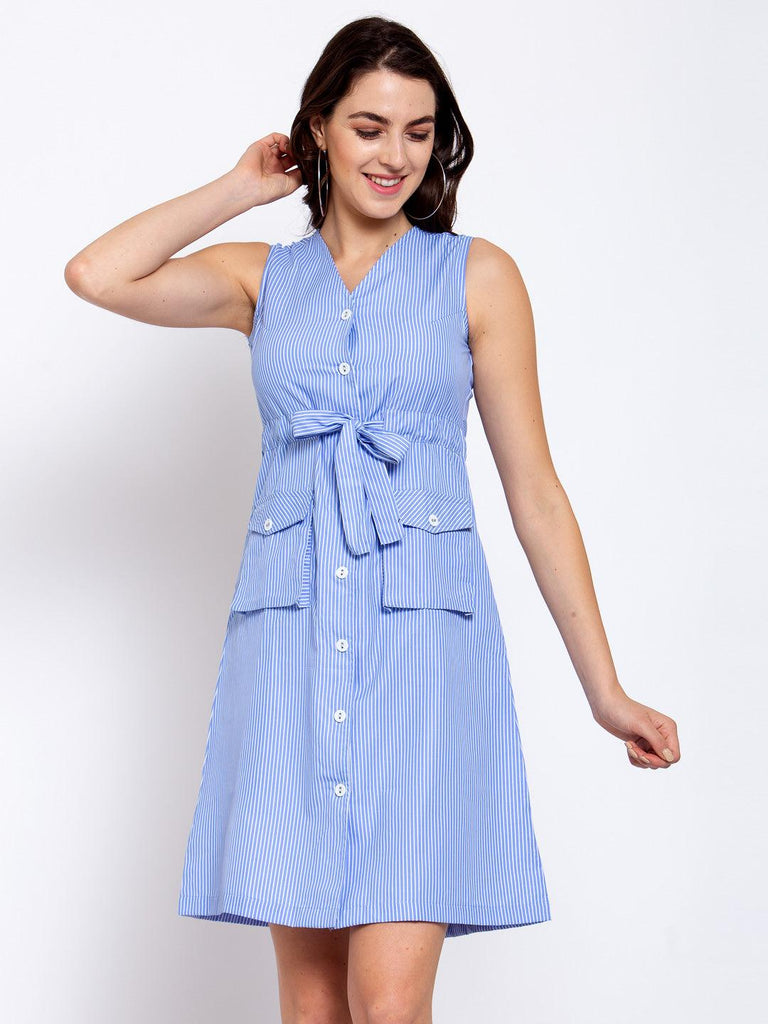 Women Blue Sleeveless Button Down Shirt Dress-Dresses-StyleQuotient
