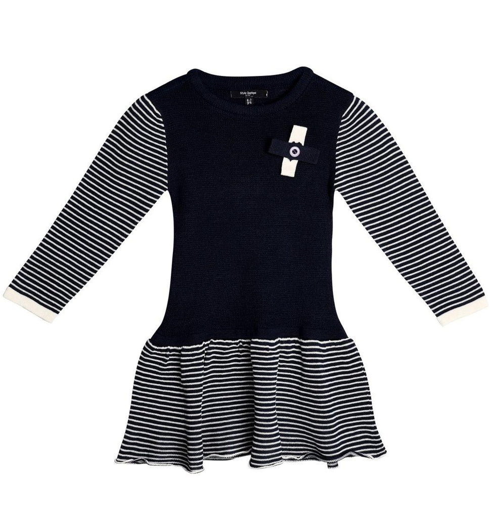 Girls Navy Blue Striped Drop-Waist Dress-Girls Dress-StyleQuotient