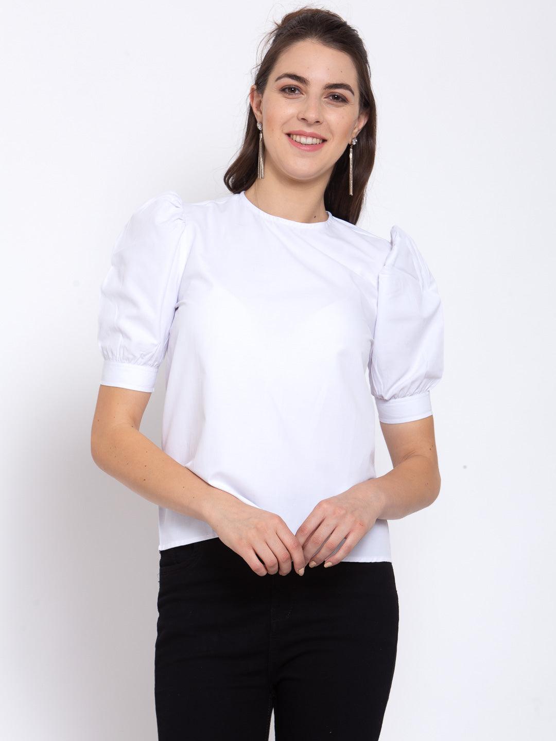 Women White Round Neck With Pleated Short Sleeve Top-Tops-StyleQuotient