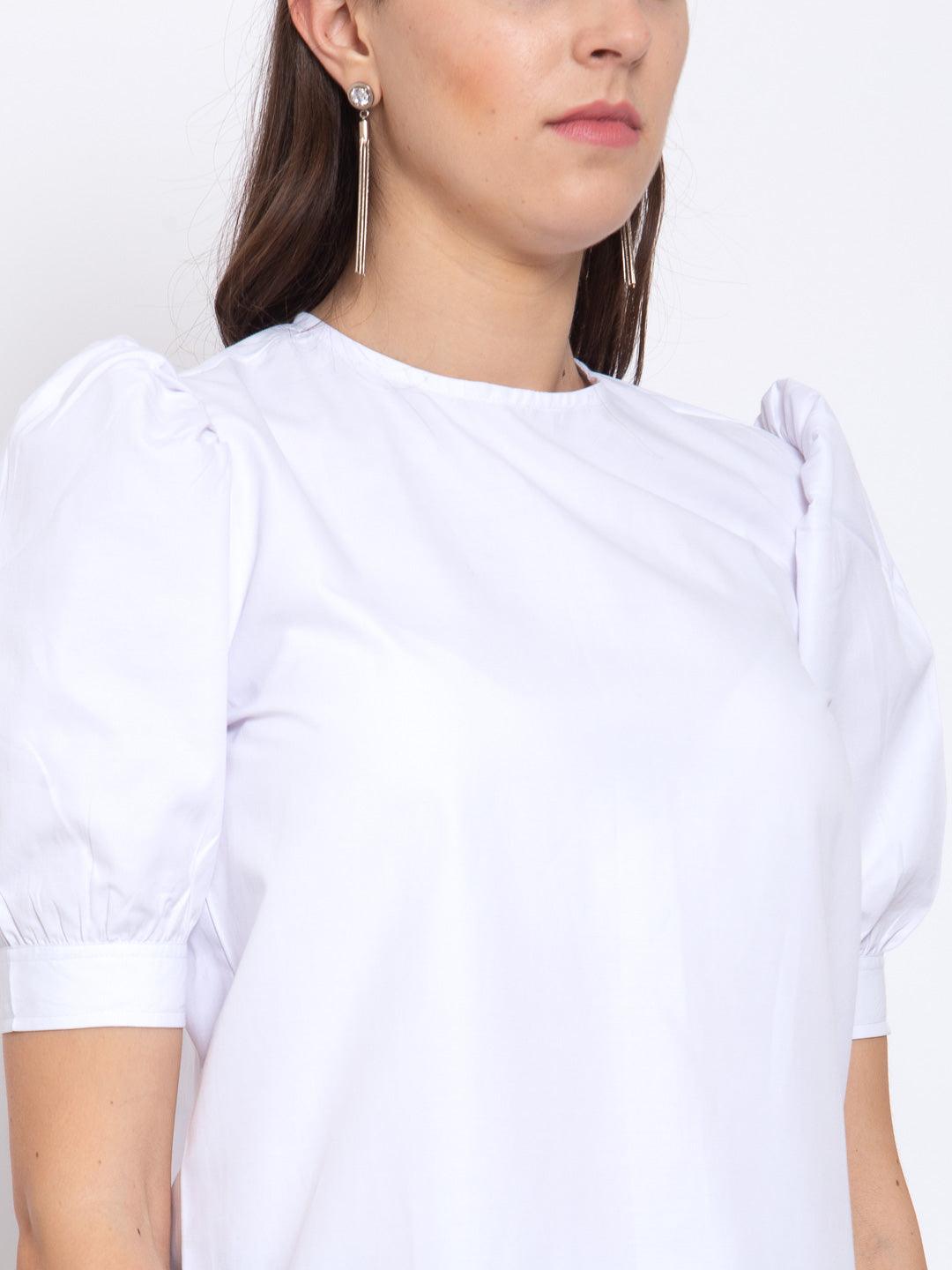 Women White Round Neck With Pleated Short Sleeve Top-Tops-StyleQuotient