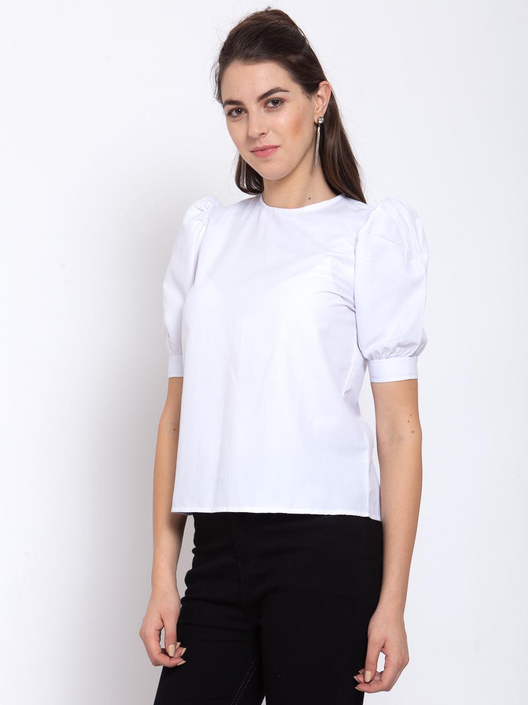 Women White Round Neck With Pleated Short Sleeve Top-Tops-StyleQuotient