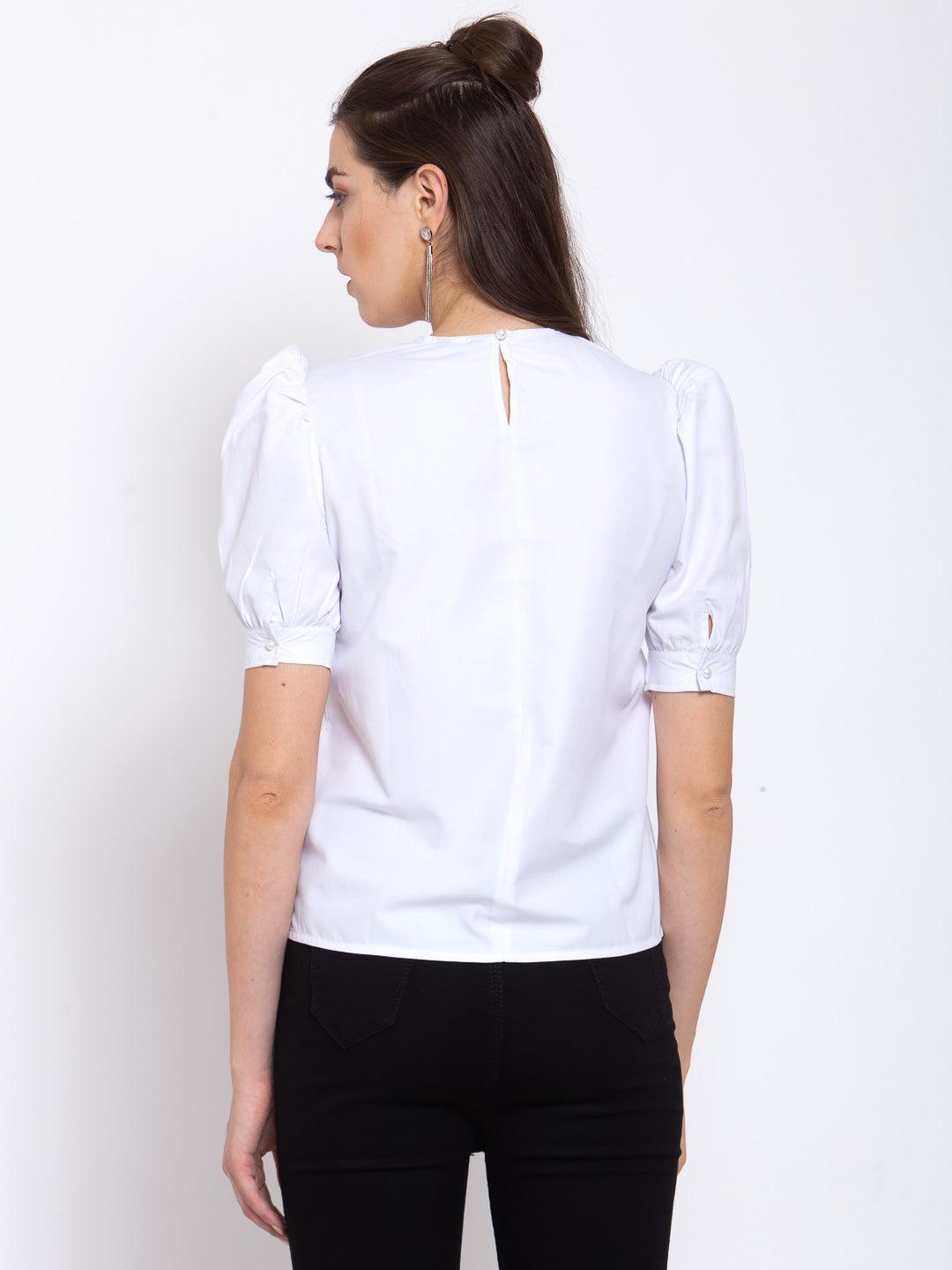 Women White Round Neck With Pleated Short Sleeve Top-Tops-StyleQuotient