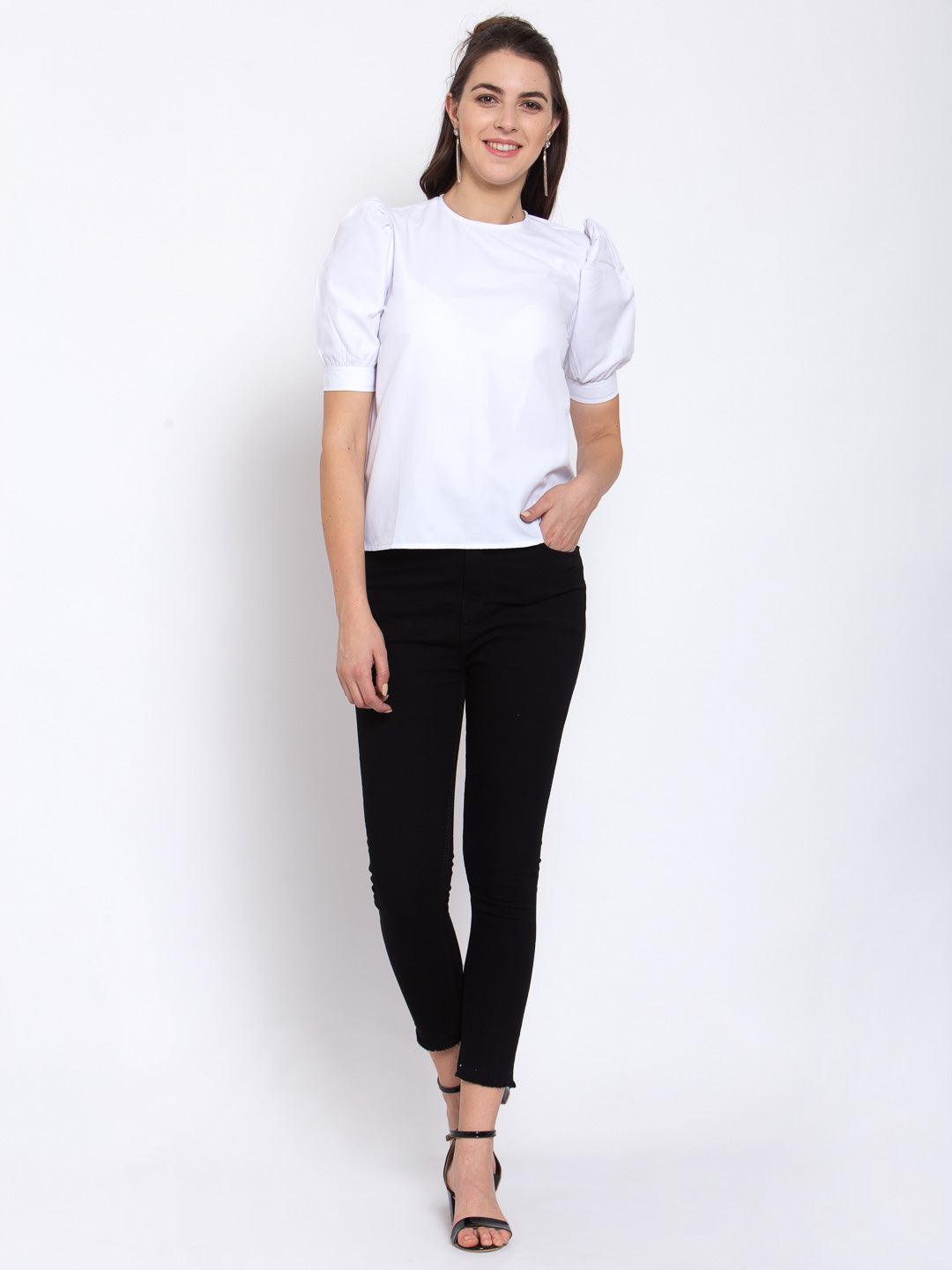 Women White Round Neck With Pleated Short Sleeve Top-Tops-StyleQuotient