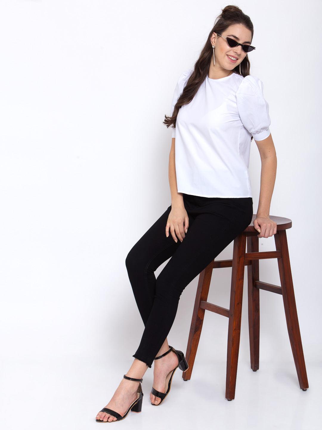 Women White Round Neck With Pleated Short Sleeve Top-Tops-StyleQuotient