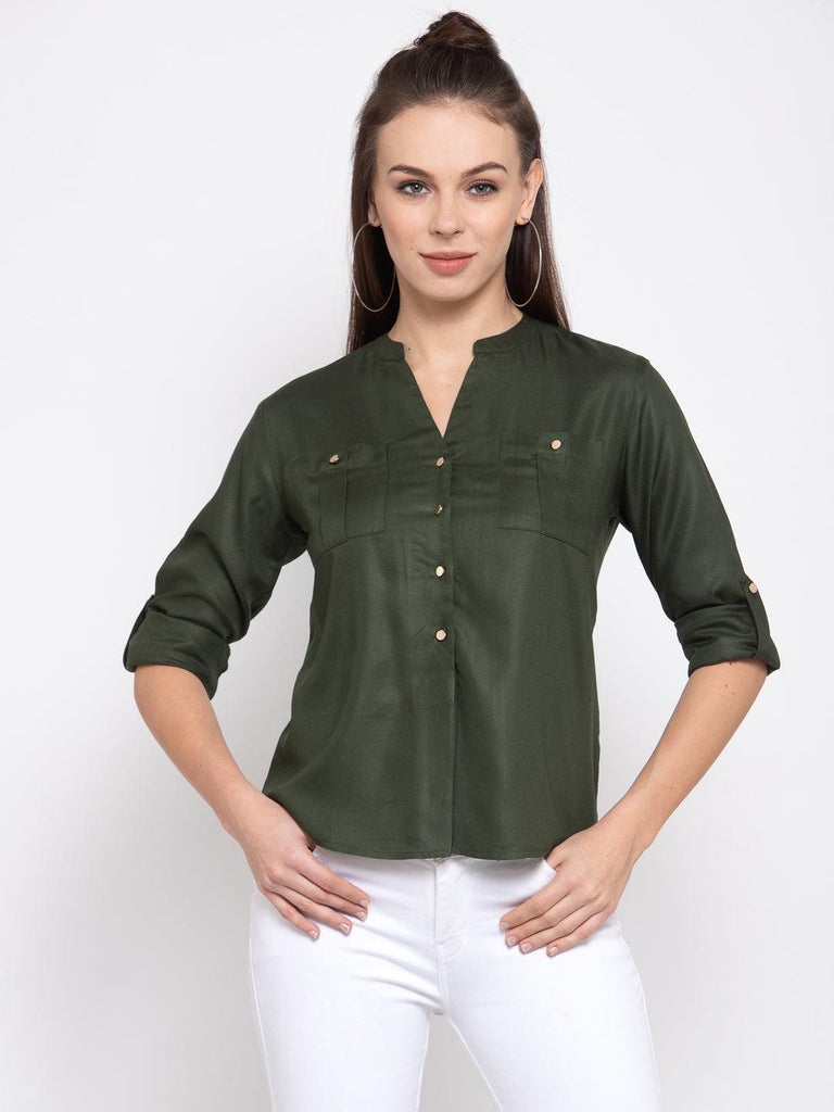 Womens Olive Green Boxy Solid Casual Shirt-Shirts-StyleQuotient