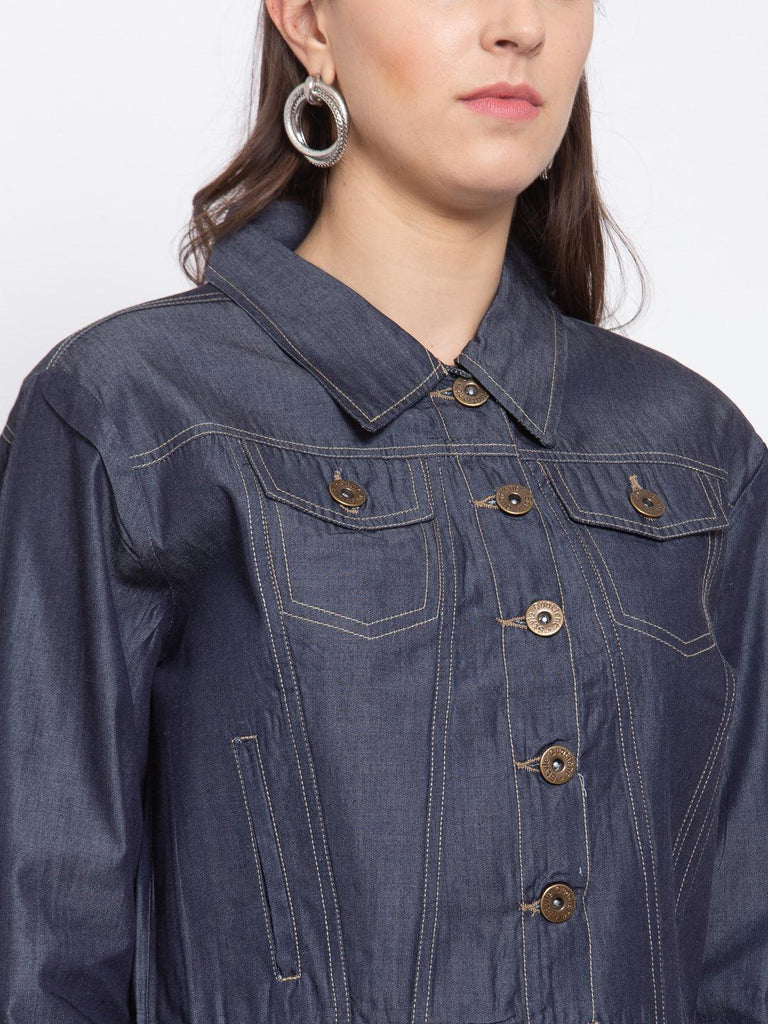 Women Denim Blue Solid Full Sleeve Crop Jacket-Jackets-StyleQuotient