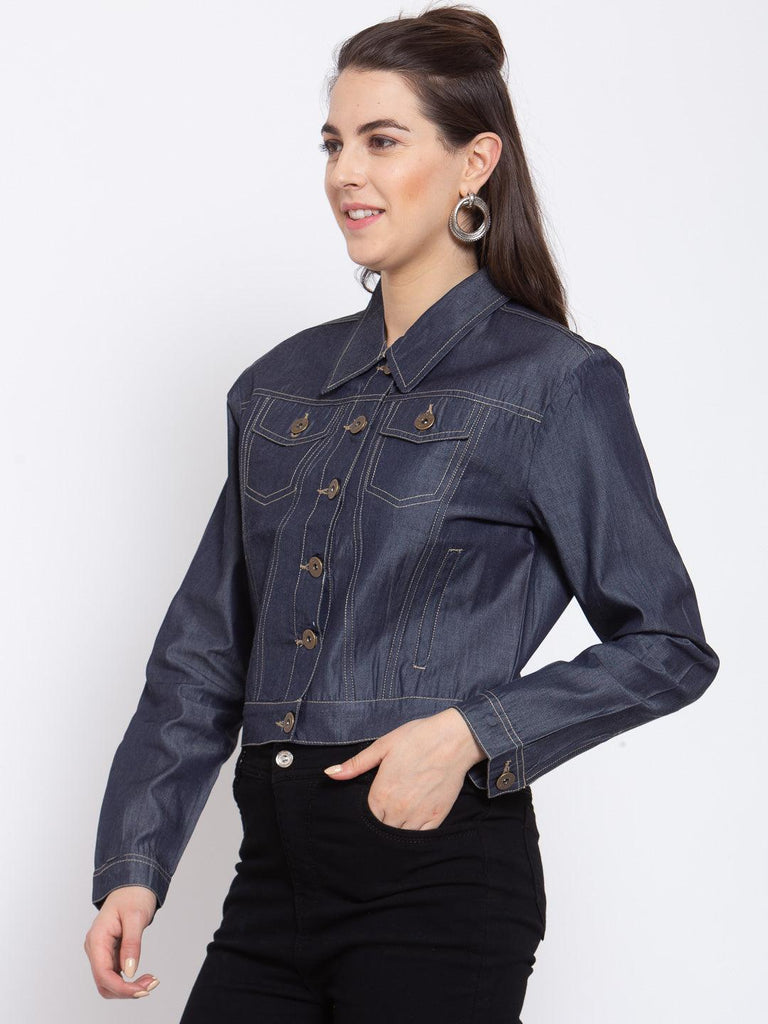 Women Denim Blue Solid Full Sleeve Crop Jacket-Jackets-StyleQuotient