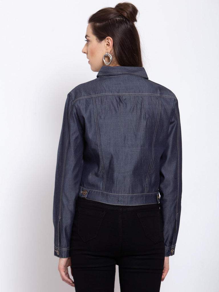 Women Denim Blue Solid Full Sleeve Crop Jacket-Jackets-StyleQuotient