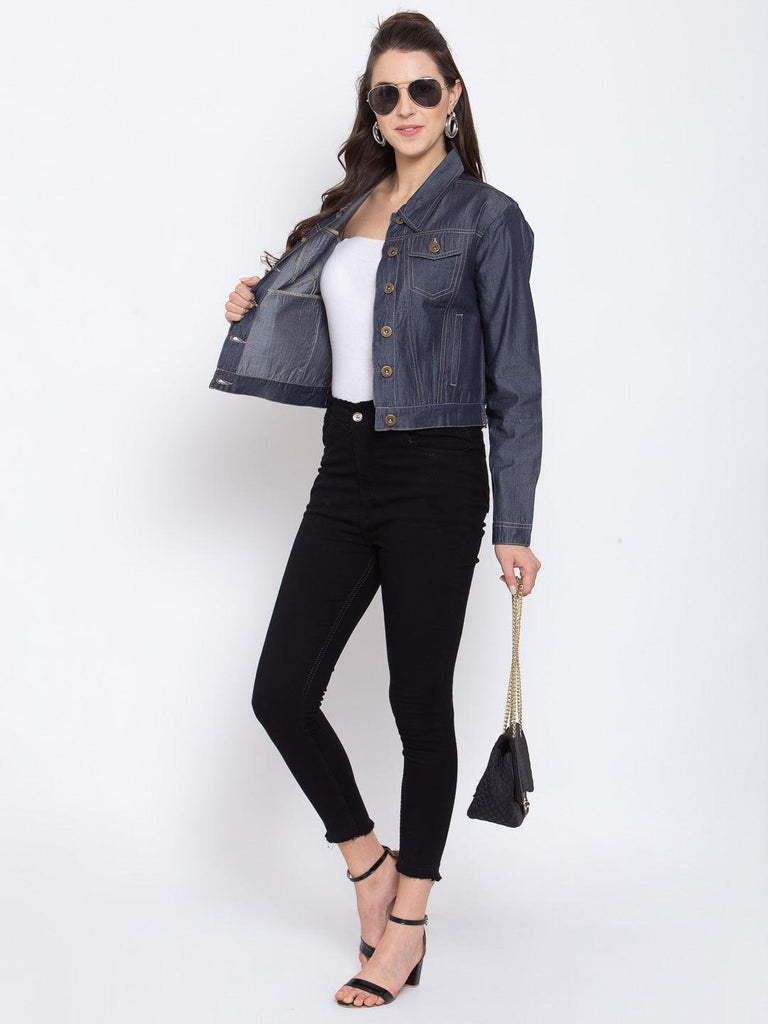 Women Denim Blue Solid Full Sleeve Crop Jacket-Jackets-StyleQuotient