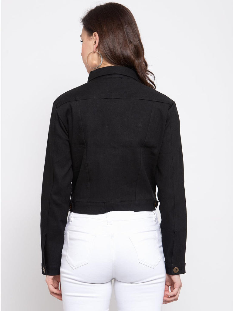 Women Black Solid Denim Jacket-Jackets-StyleQuotient