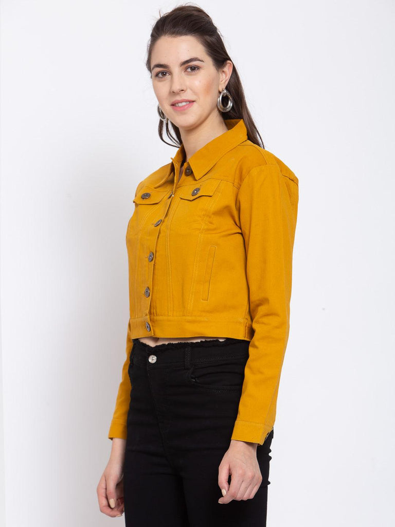 Women Mustard Solid Full Sleeve Crop Jacket-Jackets-StyleQuotient
