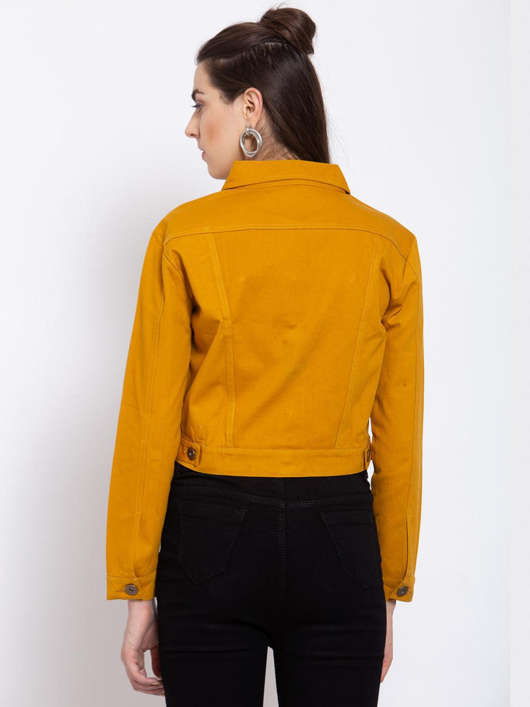 Women Mustard Solid Full Sleeve Crop Jacket-Jackets-StyleQuotient