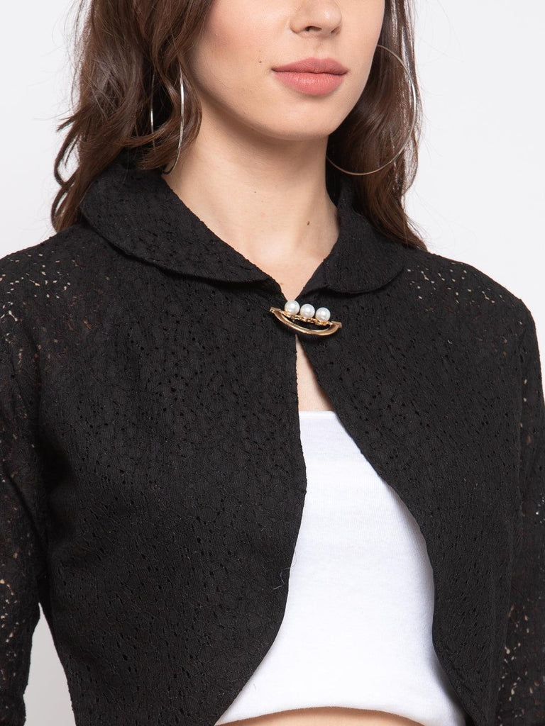 Women Black Self Design Open Front Shrug-Shrug-StyleQuotient