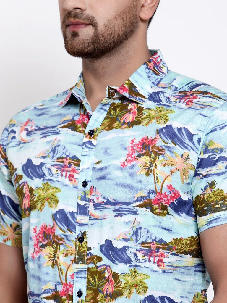 Men Aqua Blue Floral Print Boxy Fit Casual Smart Shirt-Mens Shirt-StyleQuotient