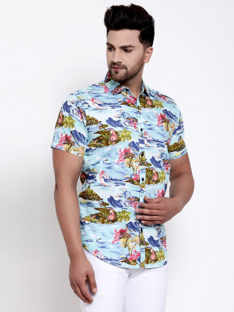 Men Aqua Blue Floral Print Boxy Fit Casual Smart Shirt-Mens Shirt-StyleQuotient