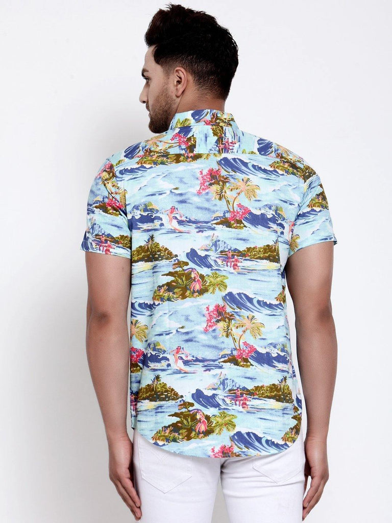 Men Aqua Blue Floral Print Boxy Fit Casual Smart Shirt-Mens Shirt-StyleQuotient