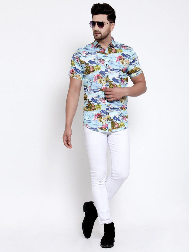 Men Aqua Blue Floral Print Boxy Fit Casual Smart Shirt-Mens Shirt-StyleQuotient