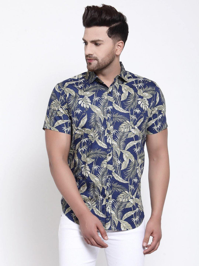 Men Blue/Green Floral Print Boxy Fit Casual Smart Shirt-Mens Shirt-StyleQuotient