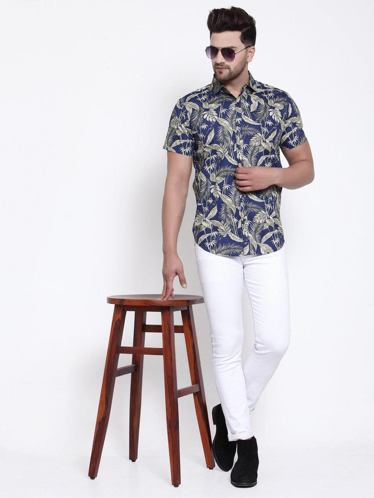 Men Blue/Green Floral Print Boxy Fit Casual Smart Shirt-Mens Shirt-StyleQuotient