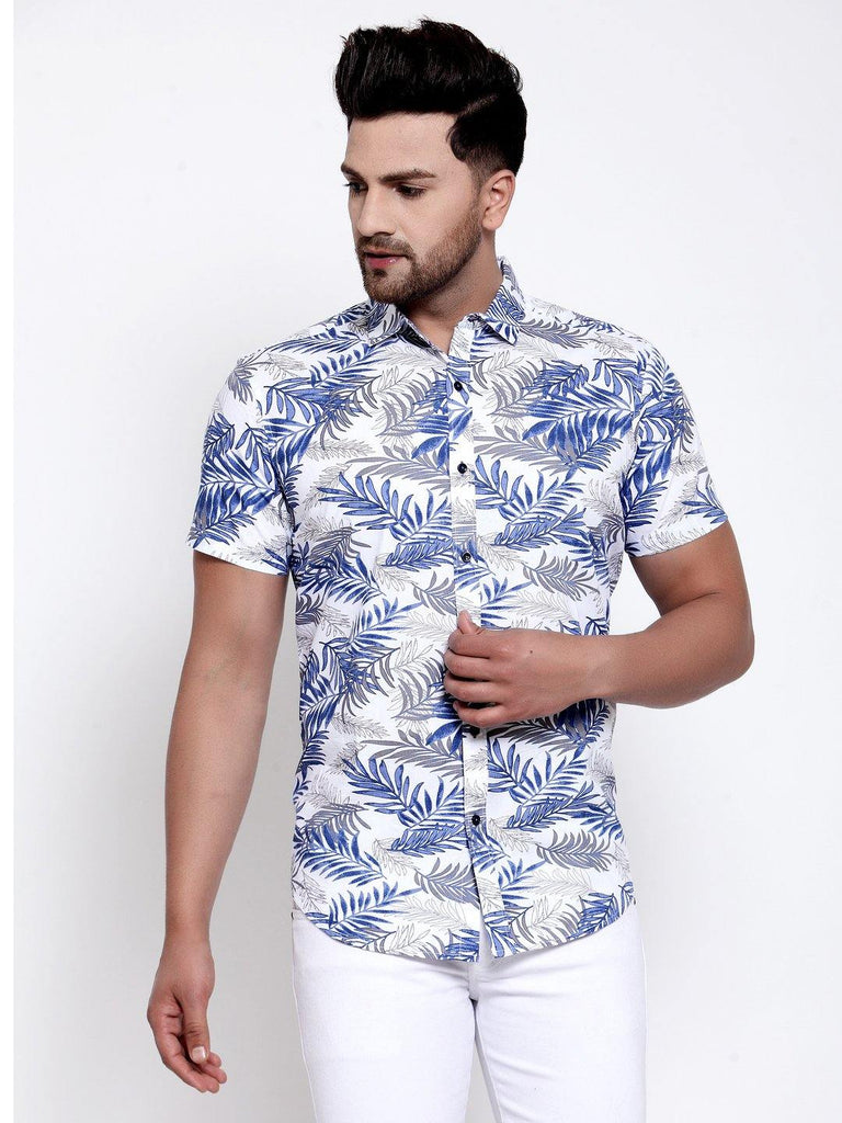 Men White Blue Floral Print Boxy Fit Casual Smart Shirt-Mens Shirt-StyleQuotient