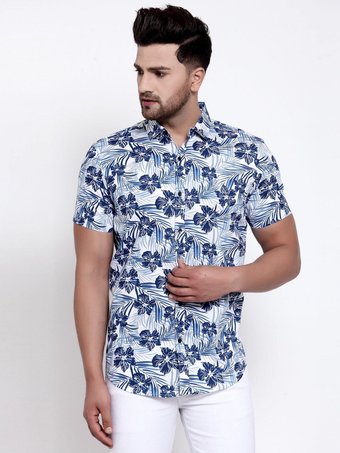 Men White Blue Floral Print Boxy Fit Casual Smart Shirt-Mens Shirt-StyleQuotient