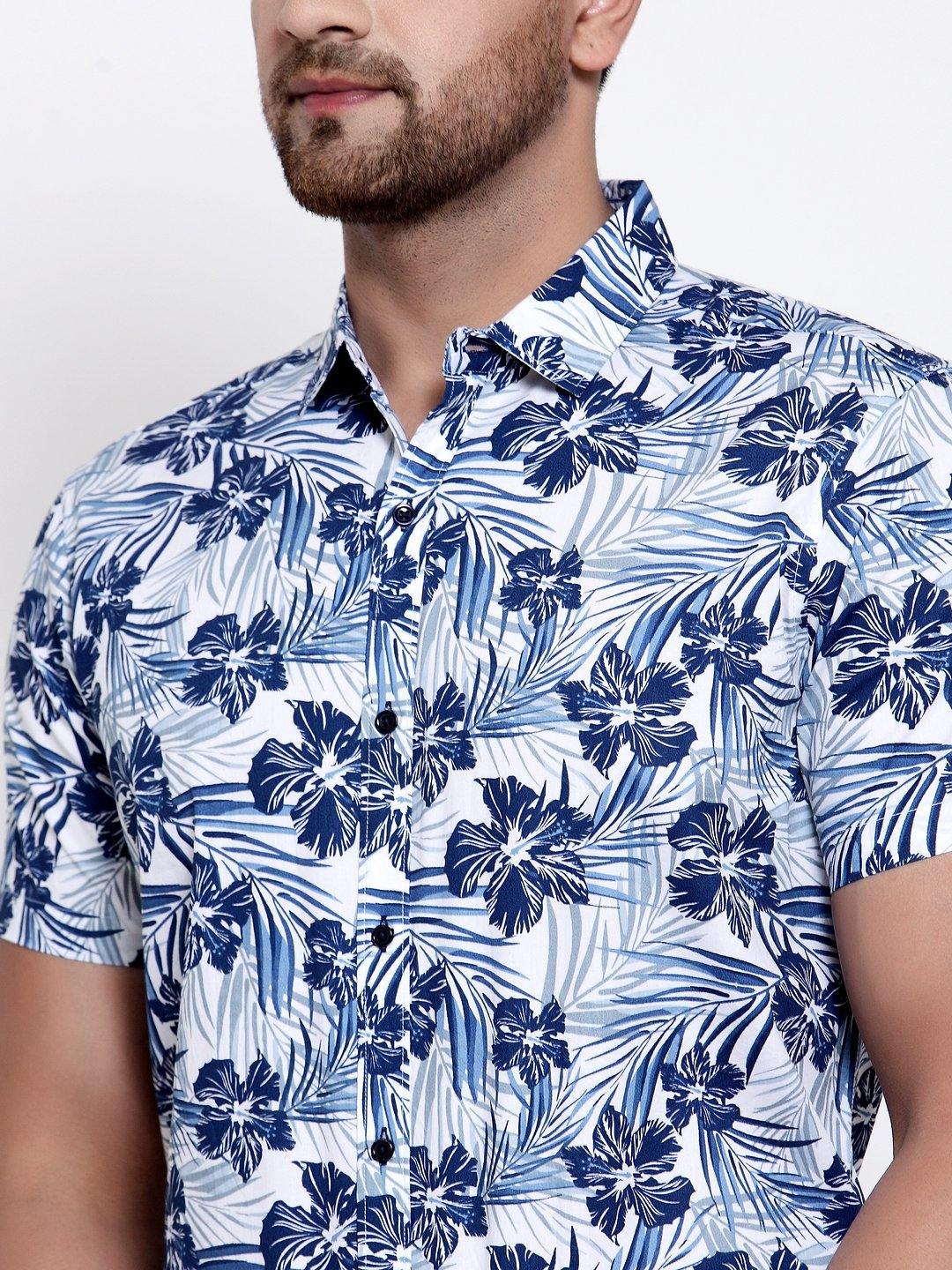 Men White Blue Floral Print Boxy Fit Casual Smart Shirt-Mens Shirt-StyleQuotient