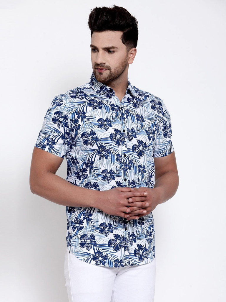 Men White Blue Floral Print Boxy Fit Casual Smart Shirt-Mens Shirt-StyleQuotient