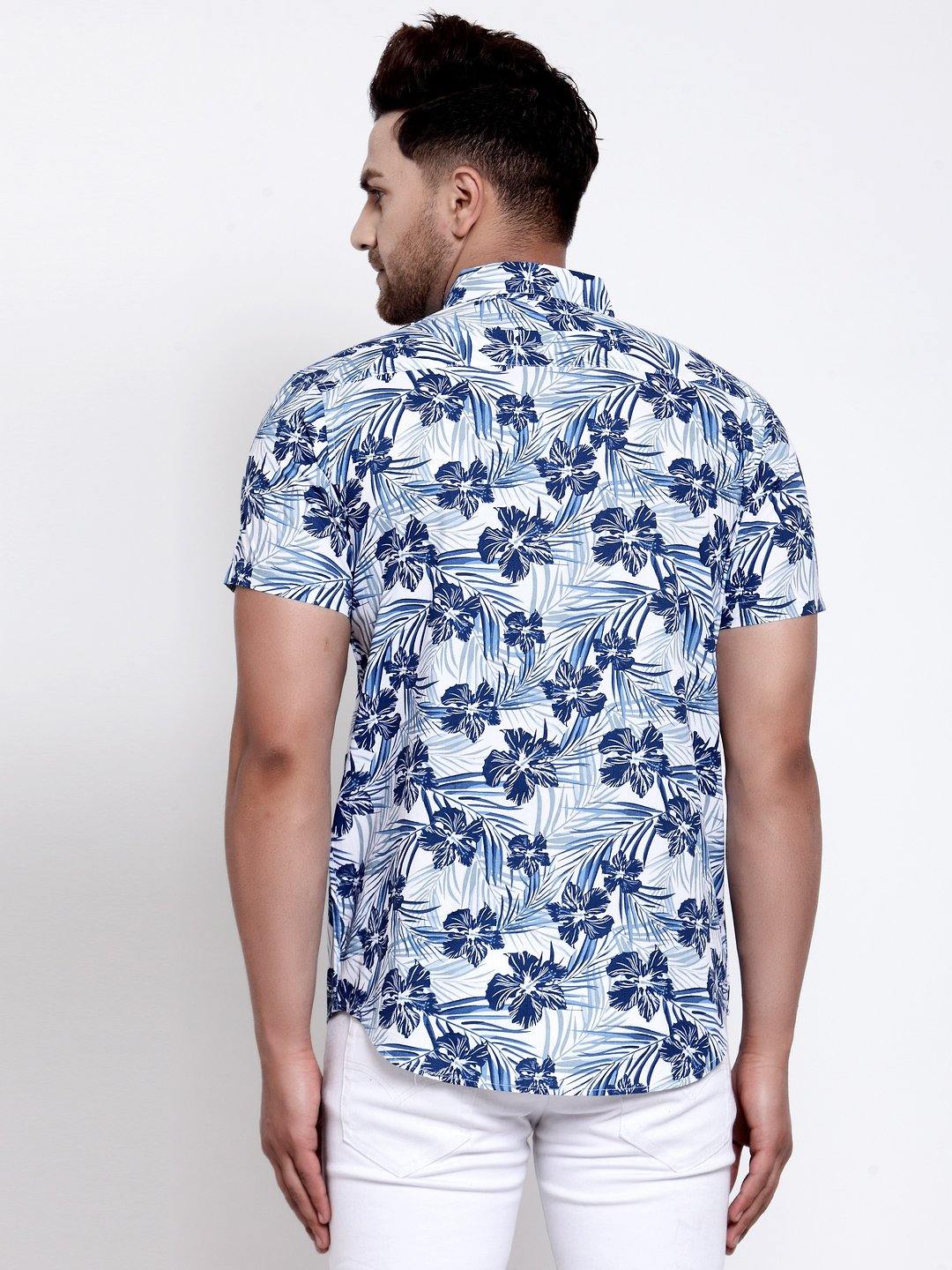 Men White Blue Floral Print Boxy Fit Casual Smart Shirt-Mens Shirt-StyleQuotient