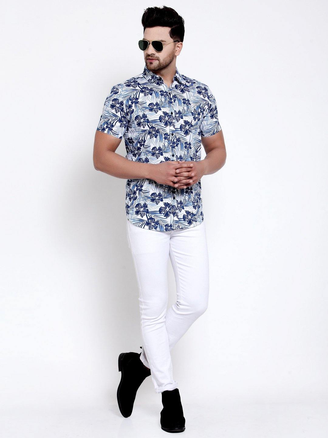 Men White Blue Floral Print Boxy Fit Casual Smart Shirt-Mens Shirt-StyleQuotient