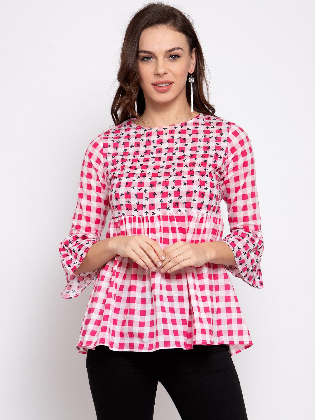 Women Pink Checked Bell Sleeves Peplum Top-Tops-StyleQuotient